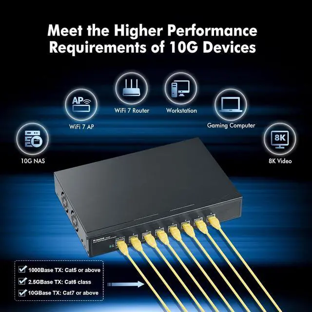 Alt view image 5 of 7 - 8 Port 10G Unmanaged Ethernet Switch, 10G/5G/2.5G/1G Auto-Adaptive, Plug and Play, Metal Desktop|Rackmount Network Switch