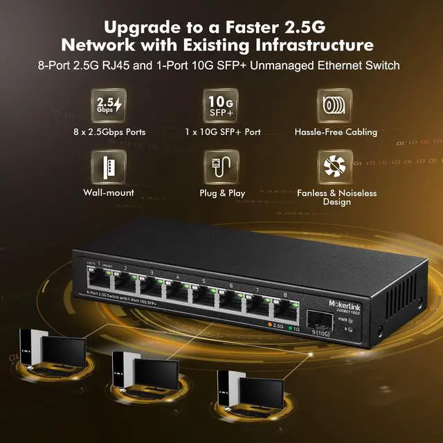 Alt view image 2 of 7 - 8 Port 2.5Gigabit Ethernet Switch with 10G SFP Slot, 8 x 2.5G Base-T Ports Compatible with 10/100/1000Mbps, Metal Unmanaged Fanless Small Network Switch