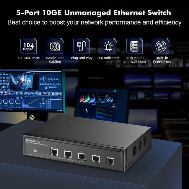 Alt view image 2 of 7 - 5 Port 10G Unmanaged Ethernet Switch, 10G/5G/2.5G/1G Auto-Adaptive, Plug and Play, Metal Desktop|Rackmount Network Switch