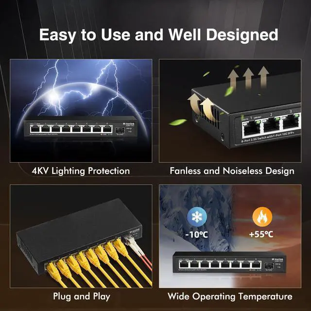 Alt view image 6 of 7 - 8 Port 2.5Gigabit Ethernet Switch with 10G SFP Slot, 8 x 2.5G Base-T Ports Compatible with 10/100/1000Mbps, Metal Unmanaged Fanless Small Network Switch