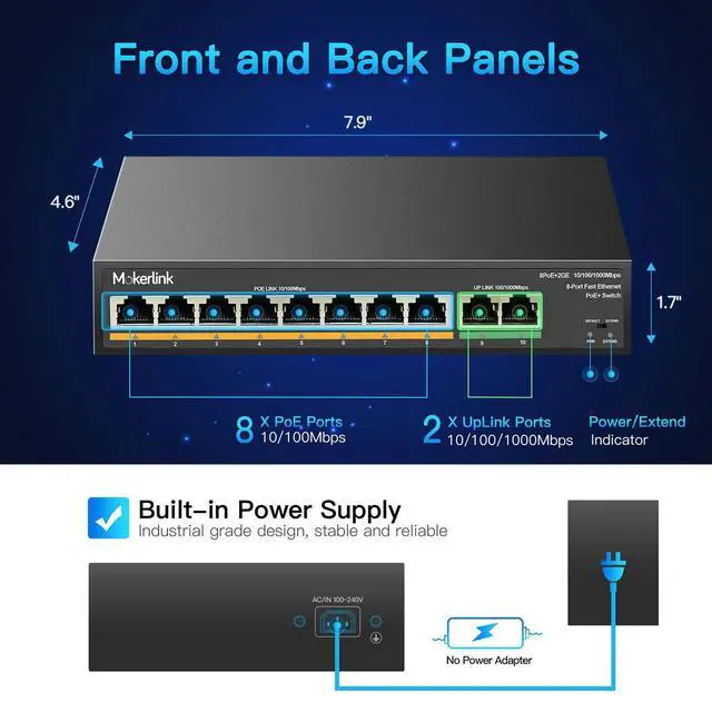 Alt view image 7 of 7 - PoE Switch, 6 Port and 10 Port PoE Switch, Support IEEE802.3af/at, Fanless Metal Plug & Play