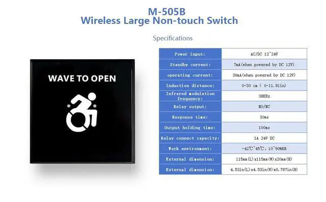 Alt view image 5 of 6 - Wired Infrared Touch Free Switch M-505B for Automatic Handicap Door Opener,Hand Wave Infrared Sensor to Open Door,Sensoring Distance Adjustable,1PCS Square 4.53inch Single Switch