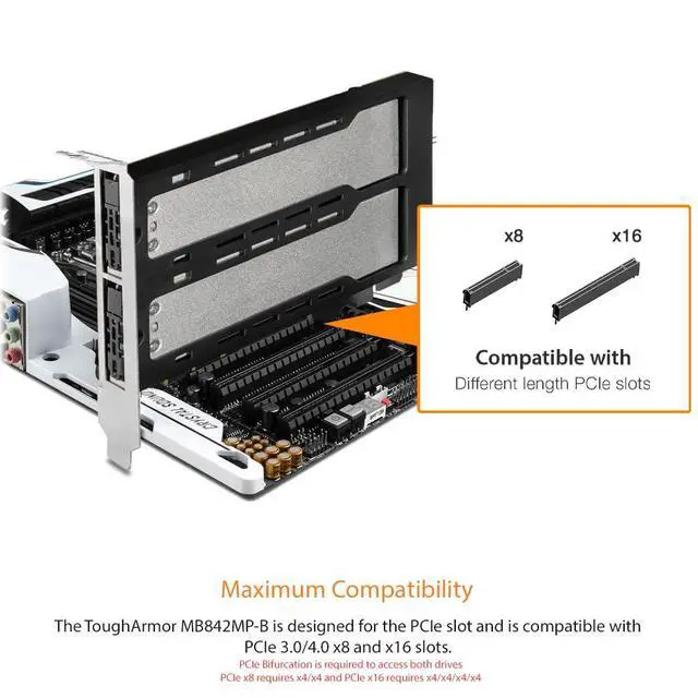 Alt view image 4 of 7 - Dual Bay 2X M.2 NVMe SSD to PCIe 4.0 x8 Removable Adapter Card for PCI Express Slot (PCIe Bifurcation Required) | ExpressSlot MB842MP-B
