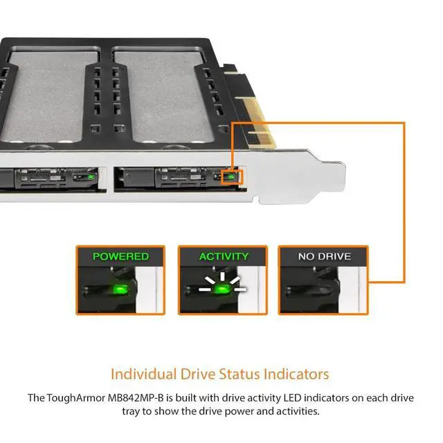 Alt view image 5 of 7 - Dual Bay 2X M.2 NVMe SSD to PCIe 4.0 x8 Removable Adapter Card for PCI Express Slot (PCIe Bifurcation Required) | ExpressSlot MB842MP-B