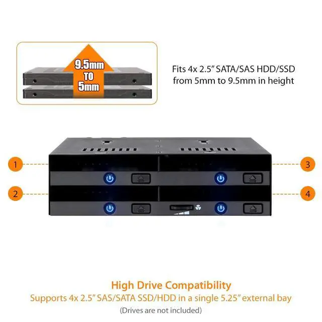 Alt view image 4 of 7 - 4 Bay 2.5" SATA/SAS SSD/HDD Hot-Swap Docking Enclosure for 5.25" Bay - flexiDOCK MB014SP-B R1