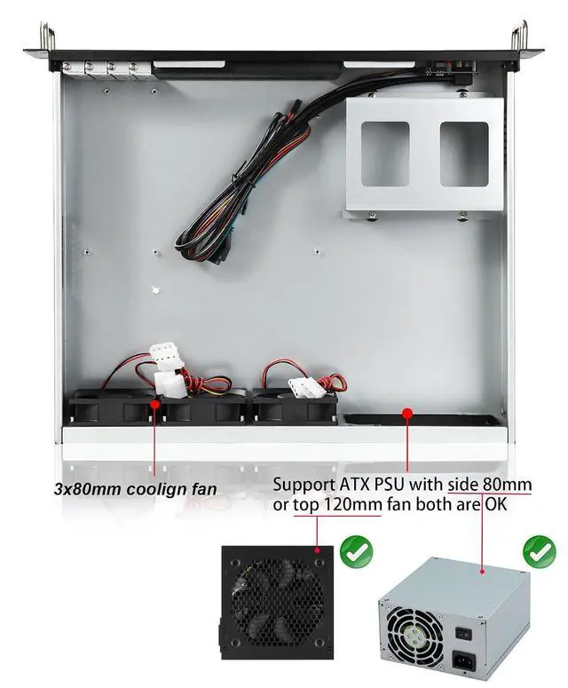 Alt view image 6 of 6 - 2U Server Chassis Short Depth 14.17" Front I/O with 2 x 3.5 (int.) mATX M/B,Support ATX PSU with Either top or Side Cooling