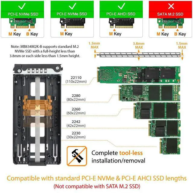Alt view image 3 of 7 - 2 Bay M.2 PCIe 3.0/4.0 NVMe SSD Mobile Rack for External 3.5 Drive Bay | ToughArmor MB834M2K-B