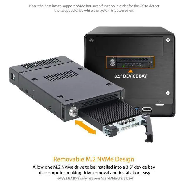 Alt view image 2 of 7 - M.2 PCIe 3.0/4.0 NVMe SSD Removable Mobile Rack Enclosure for External 3.5 Drive Bay | ToughArmor MB833M2K-B