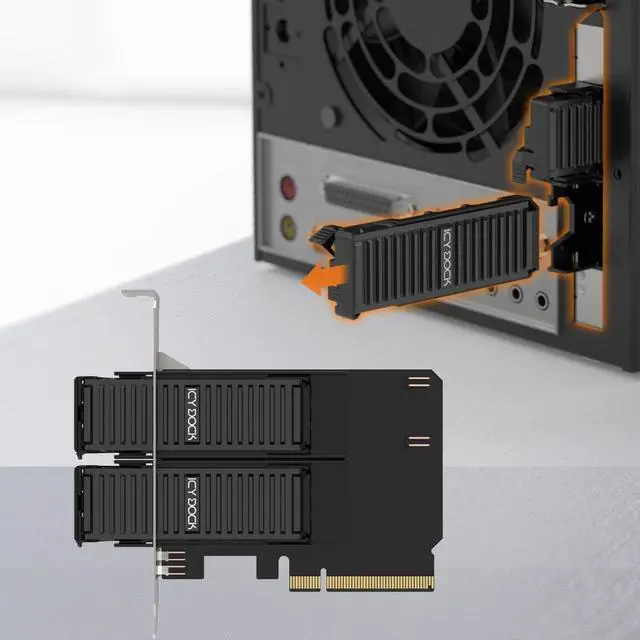 Alt view image 2 of 7 - Removable Dual M.2 NVMe SSD to PCIe 4.0 x8 Mobile Rack Adapter Card for PCIe Expansion Slot | ExpressSlot Core MB312M4P-B