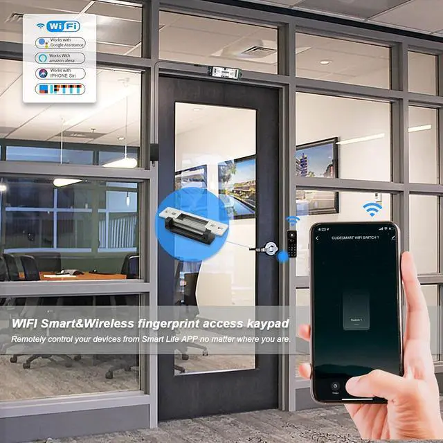 Alt view image 3 of 5 - Front Door WIFI Smart Fingerprint Electronic Card ReadersKit,Wireless Access Control Locking Kit for Home Office Door,with Wireless Fingerprint Access Keypad+Electric Strike+Wireless FoB Key