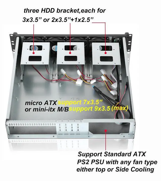Alt view image 3 of 7 - MicroATX/Mini-ITX 2U Rackmount Server Chassis max 9x3.5 Bay / USB3.0 with 2.0 Adapter Support ATX PSU Either top or Side Cooling Depth 17.7" Black