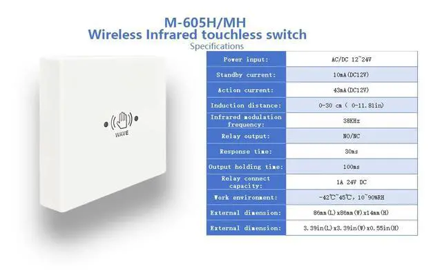 Alt view image 5 of 7 - Wired Touchless Door Switch M-605MH for Automatic Door Opener,Surface-Mounted Hand Wave Infrared Sensor to Open Door,Sensoring Distance Adjustable,1PCS Square 3.39inch Single Switch (White)