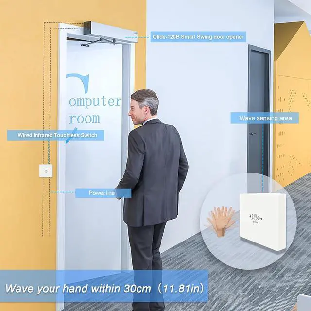 Alt view image 2 of 7 - Automatic Infrared Sensor Door Opener in Black Color with 2PCS Wired White Square 3.39inch Touchless Door Switch M-605MH,Surface-Mounted Hand Wave Infrared Sensor to Open Swing Door