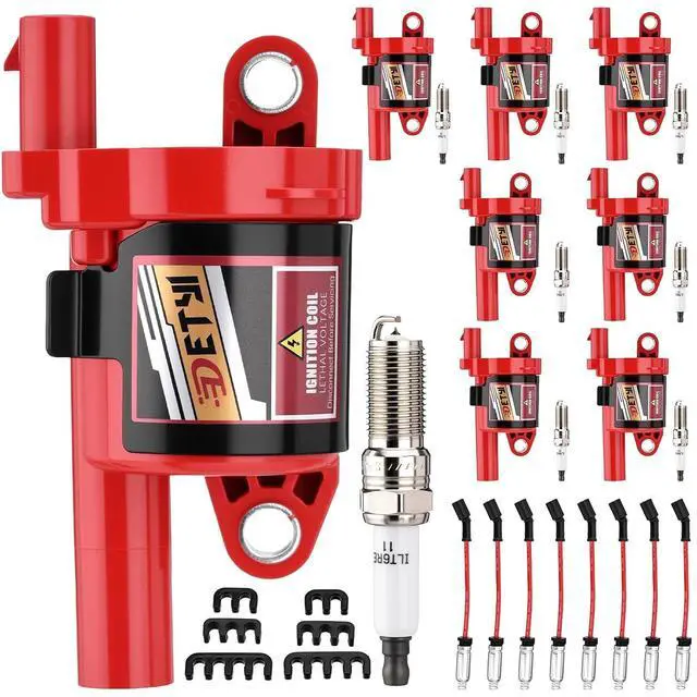 Main image of Set of 8 UF742 Round Ignition Coils with Iridium Spark Plugs and Wires - Compatible with Chevy Silverado 1500 Tahoe Suburban Camaro Cadillac CTS Escalade GMC Sierra Yukon 5.3L 6.2L V8 2014-2021