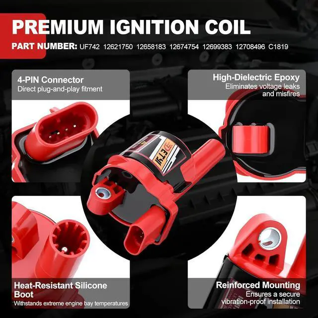 Alt view image 5 of 7 - Set of 8 UF742 Round Ignition Coils with Iridium Spark Plugs and Wires - Compatible with Chevy Silverado 1500 Tahoe Suburban Camaro Cadillac CTS Escalade GMC Sierra Yukon 5.3L 6.2L V8 2014-2021