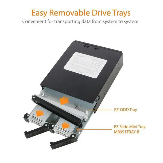 Alt view image 4 of 7 - Full Metal 2 Bay 2.5" SAS/SATA HDD & SSD Backplane Cage with Slim ODD Tray and Locking Trays for External 5.25" Bay | ToughArmor MB994IKO-3SB