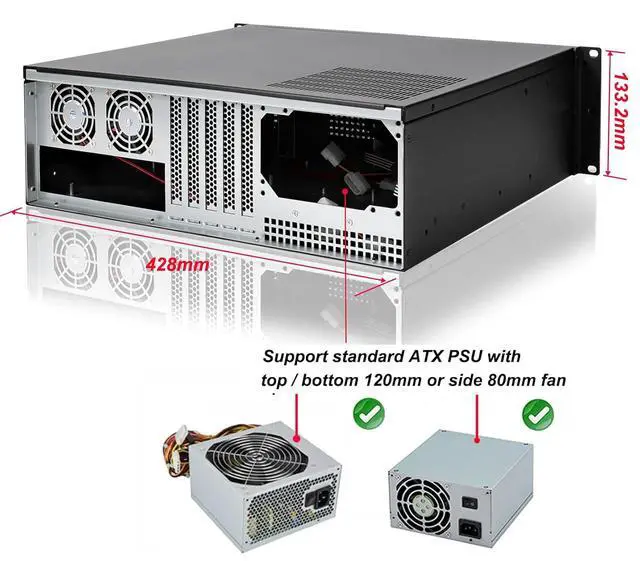 Alt view image 5 of 7 - 3U Rackmount Server Chassis ATX/Micro ATX/Mini-ITX (8x3.5 or 6x3.5+2x2.5,with Front 3x120mm Fan Support Standard ATX PSU or SFX PSU (Using the ATX to SFX Bracket with Chassis)