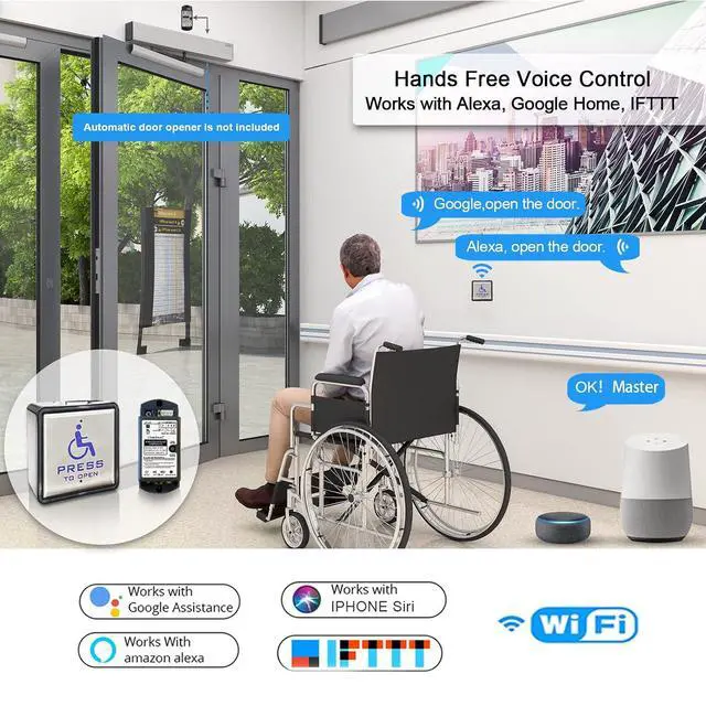 Alt view image 2 of 7 - Wireless Wired Handicapped Push Button 2PCS,Work with Door Opener Automatic 4.5'' Square Stainless Steel Push Panel Olide-510,WIFI Function,Workable with Alexa,Google Assistant and Phone APP