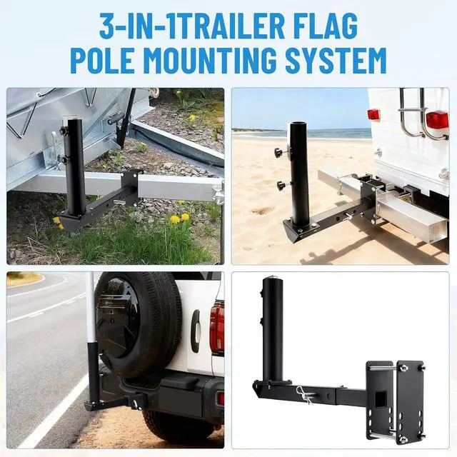 Alt view image 2 of 6 - Heavy Duty RV Flag Pole Mount, Full Stainless Steel 3 in 1 Frame/Hitch/Bumper Flag Pole Holder for Trailer RV Camper, Fit for Poles Up to 2.50 Inches OD