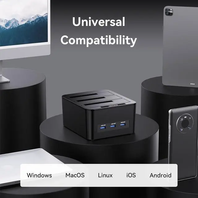 Alt view image 7 of 7 - 3 Bay Hard Drive Enclosure for 2.5/3.5" SATA HDD/SSD with USB A/C 3.0, Hard Drive Enclosure with 3 USB-A Ports Support Hot Swappable, Tool-Free HDD Enclosure