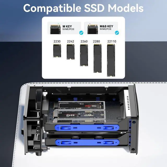 Alt view image 4 of 7 - 2*3 M / B+M Key M.2 NVMe Enclosure with Cooling Fan and USB A/C 3.2 Gen 2 (10Gbps), Hard Drive Enclosure Support 48TB(2*3*8TB 2230/2242/2260/2280/22110 SSDs)
