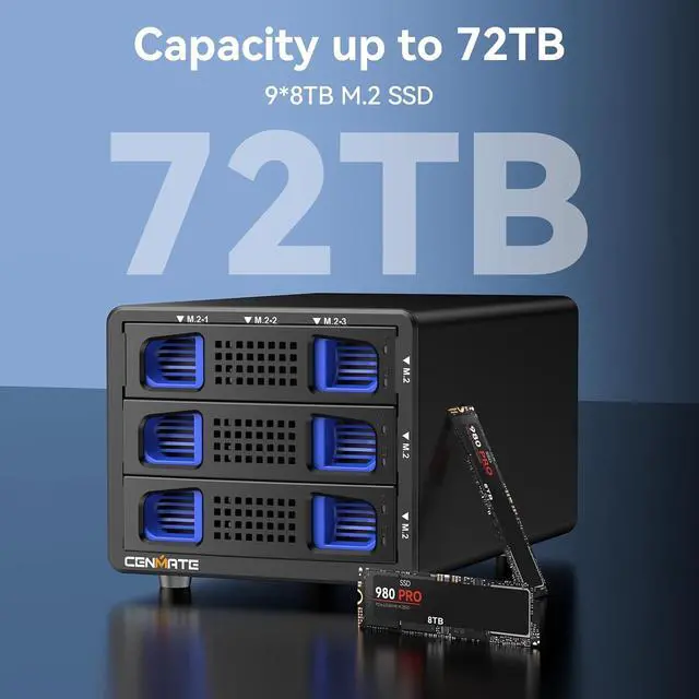 Alt view image 2 of 7 - 3*3 M / B+M Key M.2 NVMe Enclosure with Cooling Fan and USB A/C 3.2 Gen 2 (10Gbps), Hard Drive Enclosure Support 72TB(3*3*8TB 2230/2242/2260/2280/22110 SSDs)