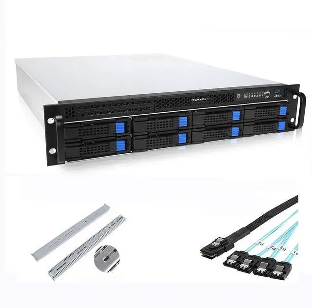 Main image of 2U Server case 6Gbps hot swap 8 x3.5 Bays M-ATX/Mini-ITX Depth 21.5" Support ATX PSU, Include Sliding Rail and Minisas to SATA Cables