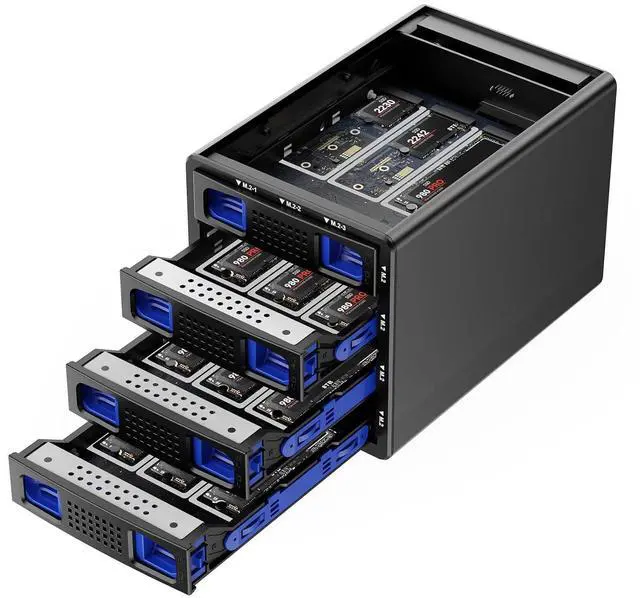 Main image of 4*3 M / B+M Key M.2 NVMe Enclosure with Cooling Fan and USB A/C 3.2 Gen 2 (10Gbps), Hard Drive Enclosure Support 96TB(4*3*8TB 2230/2242/2260/2280/22110 SSDs)