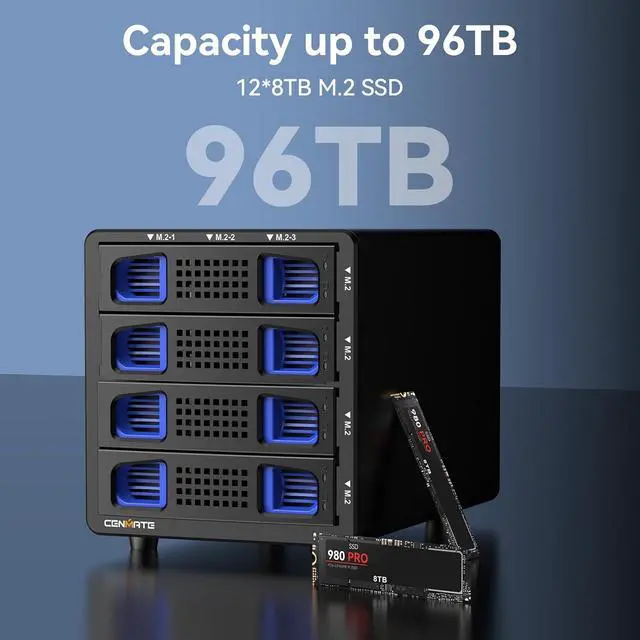 Alt view image 2 of 7 - 4*3 M / B+M Key M.2 NVMe Enclosure with Cooling Fan and USB A/C 3.2 Gen 2 (10Gbps), Hard Drive Enclosure Support 96TB(4*3*8TB 2230/2242/2260/2280/22110 SSDs)