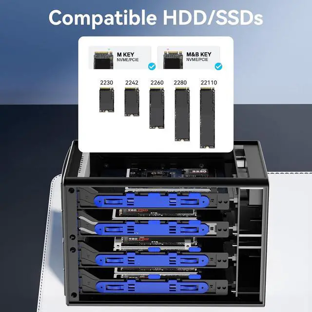 Alt view image 4 of 7 - 4*3 M / B+M Key M.2 NVMe Enclosure with Cooling Fan and USB A/C 3.2 Gen 2 (10Gbps), Hard Drive Enclosure Support 96TB(4*3*8TB 2230/2242/2260/2280/22110 SSDs)