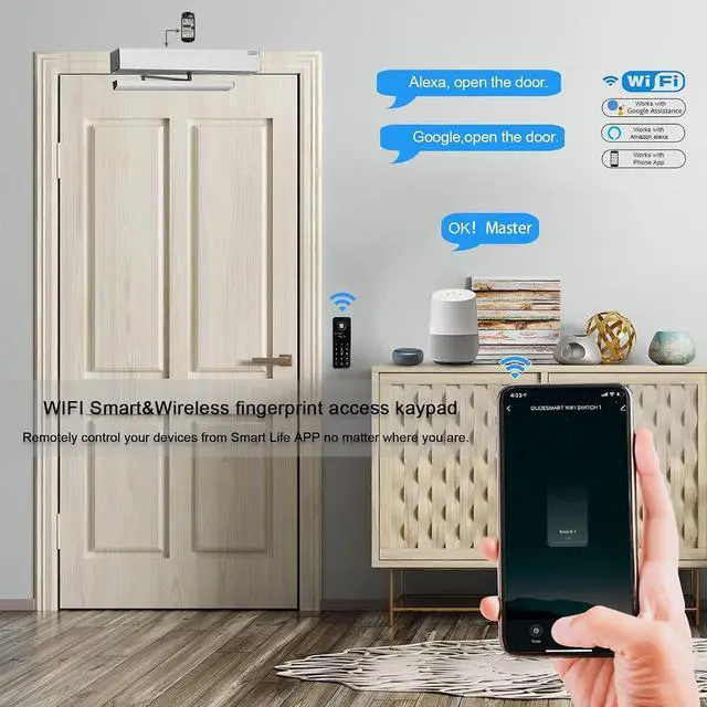 Alt view image 6 of 7 - Smart WiFi Automatic Electric Front Door Opener,Compatible with Alexa,Google Home,Phone APP,with 550LBS NC/NO Adjustable Electric Strike,Wireless Fingerprint Access Keypad,Wired Receiver