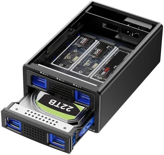 Main image of Hybrid 2.5/3.5" SATA HDD/SSD+3* M / B+M Key M.2 NVMe Enclosure with Cooling Fan and USB A/C 3.2 Gen 2 (10Gbps), Hard Drive Enclosure Support 22TB HDD+3*8TB 2230/2242/2260/2280/22110 SSDs