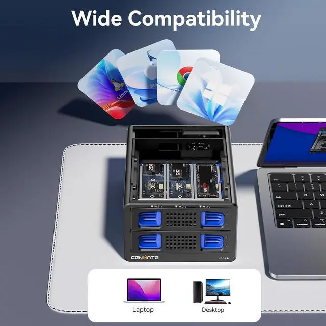 Alt view image 6 of 7 - Hybrid 2.5/3.5" SATA HDD/SSD+3* M / B+M Key M.2 NVMe Enclosure with Cooling Fan and USB A/C 3.2 Gen 2 (10Gbps), Hard Drive Enclosure Support 22TB HDD+3*8TB 2230/2242/2260/2280/22110 SSDs