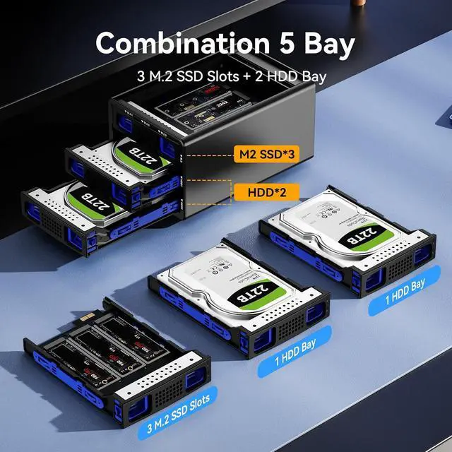 Alt view image 3 of 7 - Hybrid 2*2.5/3.5" SATA HDD/SSD+3* M / B+M Key M.2 NVMe Enclosure with Cooling Fan and USB A/C 3.2 Gen 2, Hard Drive Enclosure Support 2*22TB HDD+3*8TB 2230/2242/2260/2280/22110 SSDs