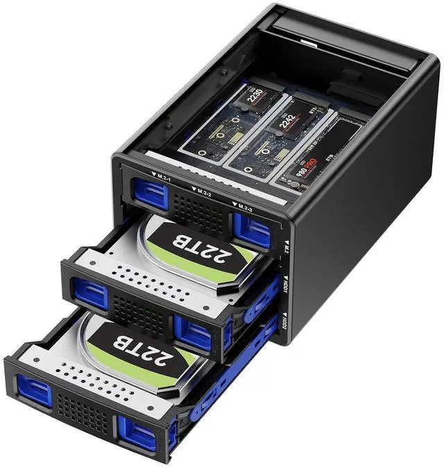 Main image of Hybrid 2*2.5/3.5" SATA HDD/SSD+3* M / B+M Key M.2 NVMe Enclosure with Cooling Fan and USB A/C 3.2 Gen 2, Hard Drive Enclosure Support 2*22TB HDD+3*8TB 2230/2242/2260/2280/22110 SSDs