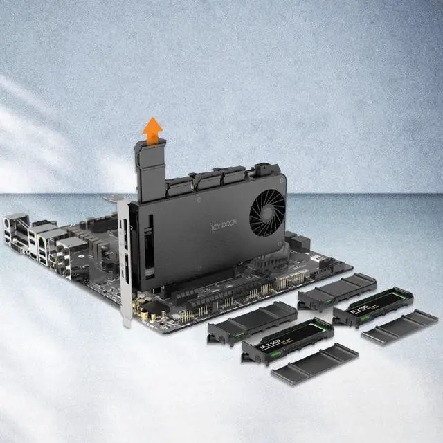 Alt view image 2 of 7 - 4 Bay Removable M.2 NVMe PCIe SSD to PCIe 5.0 x16 Mobile Rack Enclosure/Adapter Card for PCIe Expansion Slot (PCIe Bifurcation Required) | ExpressSlot MB204MP-B