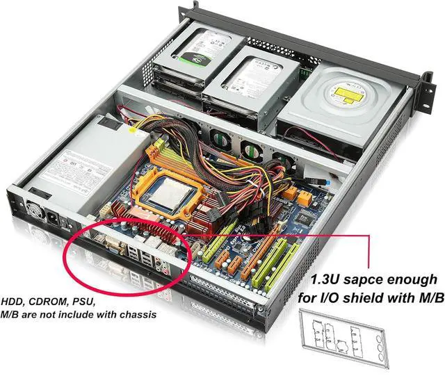 Alt view image 7 of 7 - ATX/MicroATX/Mini-ITX 1.3U D=20' Rackmount Server Chassis support 1* 5.25" + 1 * 3.5"(Externall.) +2*3.5" (fix.) / USB3.0 with 2.0 adapter Support 1U or 1U Flex PSU (need adapter bracket)