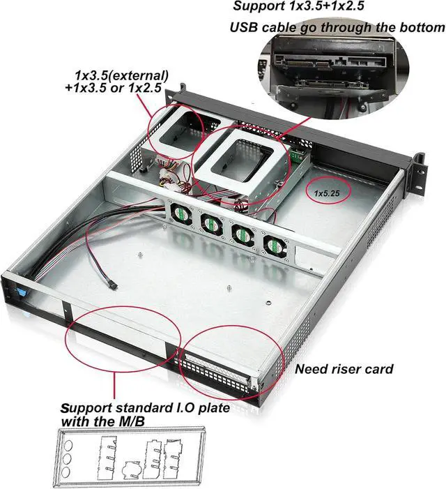 Alt view image 3 of 7 - ATX/MicroATX/Mini-ITX 1.3U D=20' Rackmount Server Chassis support 1* 5.25" + 1 * 3.5"(Externall.) +2*3.5" (fix.) / USB3.0 with 2.0 adapter Support 1U or 1U Flex PSU (need adapter bracket)