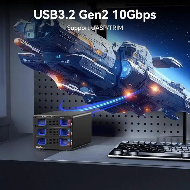 Alt view image 4 of 7 - Hybrid 2*2.5/3.5" SATA HDD/SSD+3* M / B+M Key M.2 NVMe Enclosure with Cooling Fan and USB A/C 3.2 Gen 2, Hard Drive Enclosure Support 2*22TB HDD+3*8TB 2230/2242/2260/2280/22110 SSDs