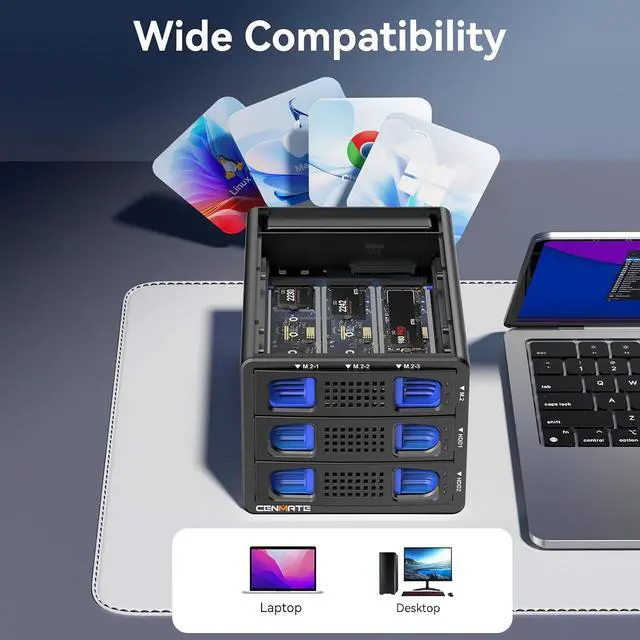 Alt view image 6 of 7 - Hybrid 2*2.5/3.5" SATA HDD/SSD+3* M / B+M Key M.2 NVMe Enclosure with Cooling Fan and USB A/C 3.2 Gen 2, Hard Drive Enclosure Support 2*22TB HDD+3*8TB 2230/2242/2260/2280/22110 SSDs
