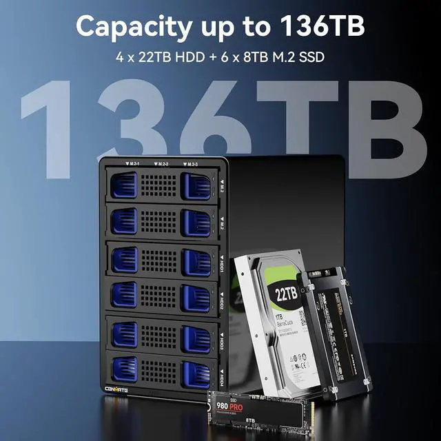 Alt view image 2 of 7 - Hybrid 4*2.5/3.5" SATA HDD/SSD+6* M / B+M Key M.2 NVMe Enclosure with Cooling Fan and USB A/C 3.2 Gen 2, Hard Drive Enclosure Support 4*22TB HDD+6*8TB 2230/2242/2260/2280/22110 SSDs