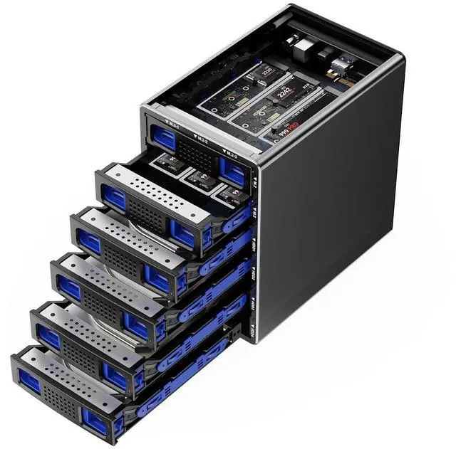 Main image of Hybrid 4*2.5/3.5" SATA HDD/SSD+6* M / B+M Key M.2 NVMe Enclosure with Cooling Fan and USB A/C 3.2 Gen 2, Hard Drive Enclosure Support 4*22TB HDD+6*8TB 2230/2242/2260/2280/22110 SSDs