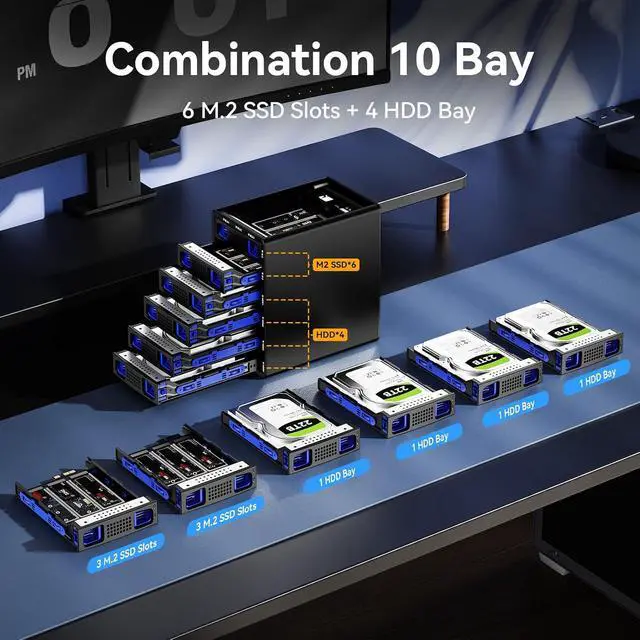 Alt view image 3 of 7 - Hybrid 4*2.5/3.5" SATA HDD/SSD+6* M / B+M Key M.2 NVMe Enclosure with Cooling Fan and USB A/C 3.2 Gen 2, Hard Drive Enclosure Support 4*22TB HDD+6*8TB 2230/2242/2260/2280/22110 SSDs
