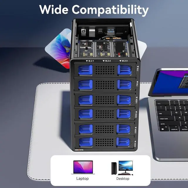 Alt view image 6 of 7 - Hybrid 4*2.5/3.5" SATA HDD/SSD+6* M / B+M Key M.2 NVMe Enclosure with Cooling Fan and USB A/C 3.2 Gen 2, Hard Drive Enclosure Support 4*22TB HDD+6*8TB 2230/2242/2260/2280/22110 SSDs