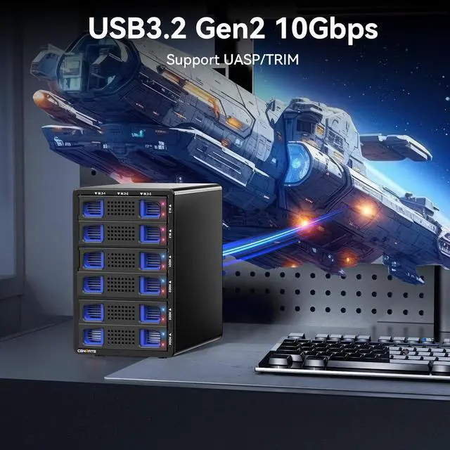 Alt view image 4 of 7 - Hybrid 4*2.5/3.5" SATA HDD/SSD+6* M / B+M Key M.2 NVMe Enclosure with Cooling Fan and USB A/C 3.2 Gen 2, Hard Drive Enclosure Support 4*22TB HDD+6*8TB 2230/2242/2260/2280/22110 SSDs