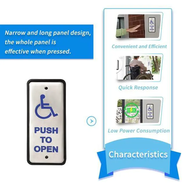 Alt view image 2 of 6 - Handicapped Push Button for Automatic Door Opener,Single Narrow Wired Stainless Steel Handicap Push Button