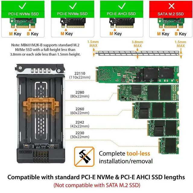 Alt view image 2 of 4 - M.2 NVMe PCIe 4.0 Removable Backplane Enclosure for 3.5" Drive Bay - MB601M2K-1B