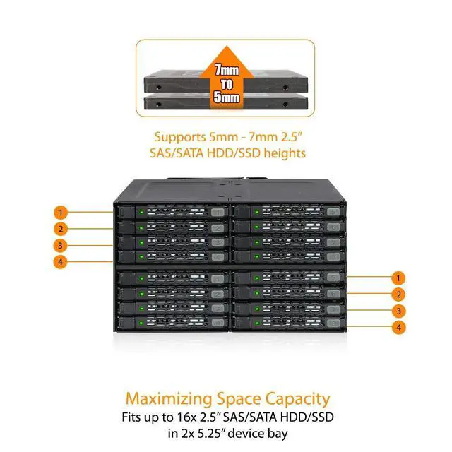 Alt view image 6 of 7 - Full Metal 16 x 2.5 SAS/SATA HDD/SSD Mobile Rack Enclosure for 2 x 5.25 Bay (4 x MiniSAS HD) | ToughArmor MB516SP-B