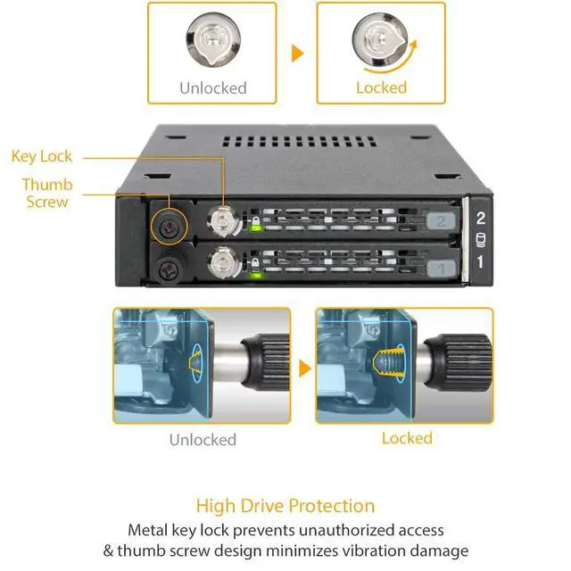 Alt view image 4 of 7 - Rugged Full Metal 2 x 2.5 SATA/SAS HDD & SSD Mobile Rack for External 3.5" Drive Bay with Key Lock & Thumb Screw Design | ToughArmor MB492SKL-B