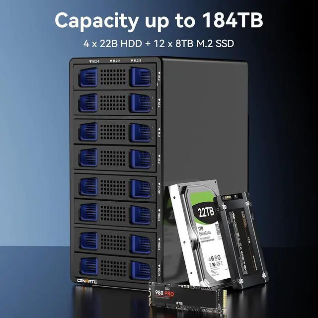 Alt view image 2 of 7 - Hybrid 4*2.5/3.5" SATA HDD/SSD+12* M / B+M Key M.2 NVMe Enclosure with Cooling Fan and USB A/C 3.2 Gen 2, Hard Drive Enclosure Support 184TB(4*22TB HDD+12*8TB 2230/2242/2260/2280/22110 SSDs)